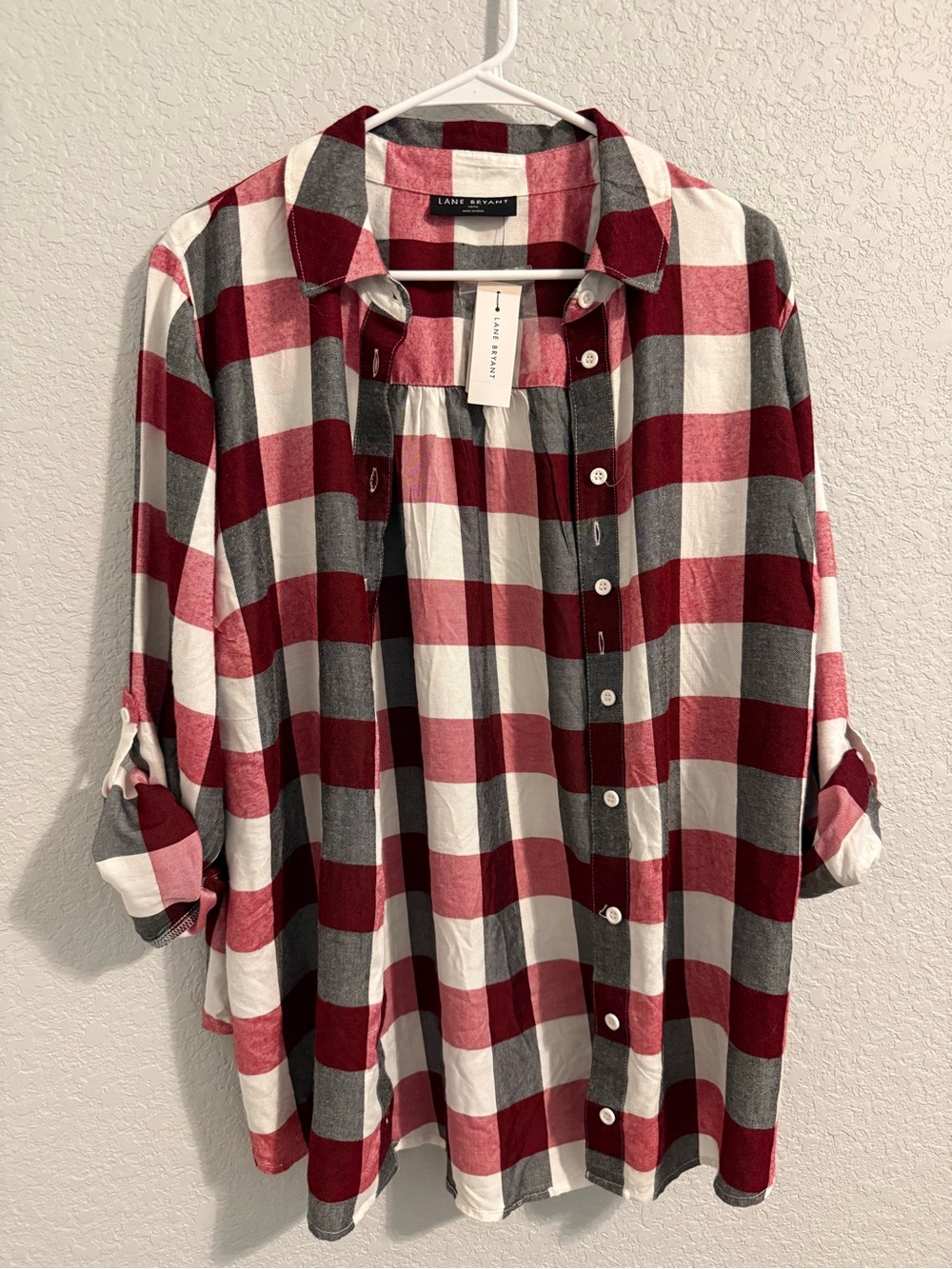 Lane Bryant Red, White & Charcoal Plaid Button-Up Shirt